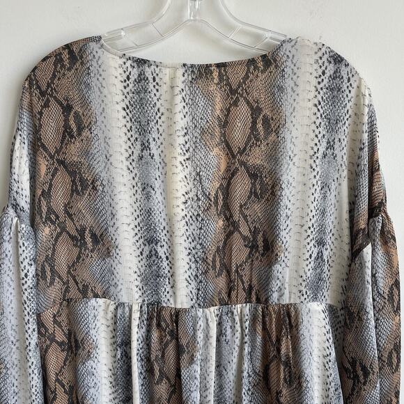 NWT Entro Python Print Babydoll Mini Dress Puff Sleeves Boho Chic Size Large - Picture 9 of 13
